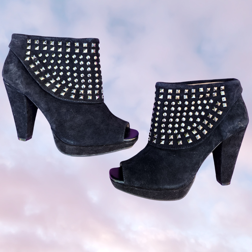 Y2k Kenneth Cole Reaction Black with Silver Studs Ankle Bootie Open Toe Sz 7.5 - Picture 2 of 4